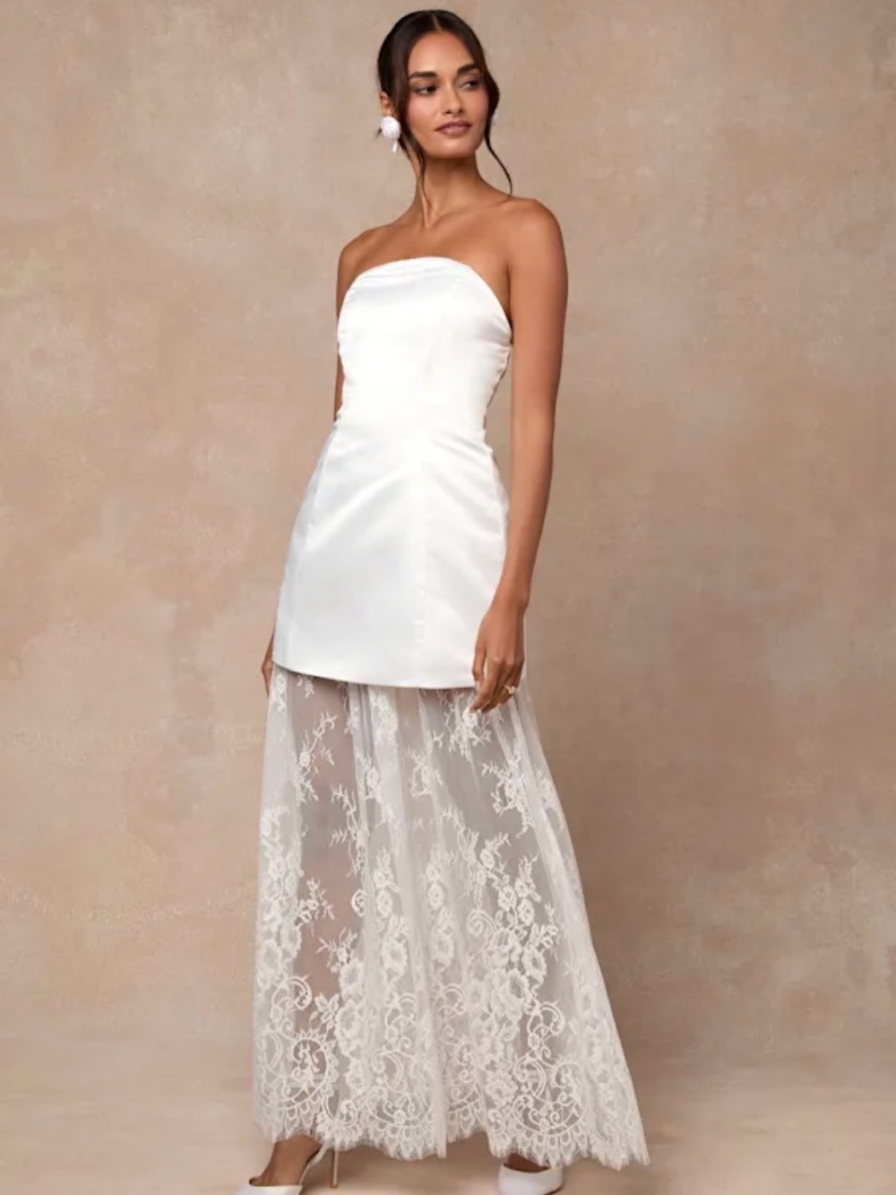 BRIDAL - Lulu's Strapless White Satin Bodice with Lace Overlay Maxi Dress